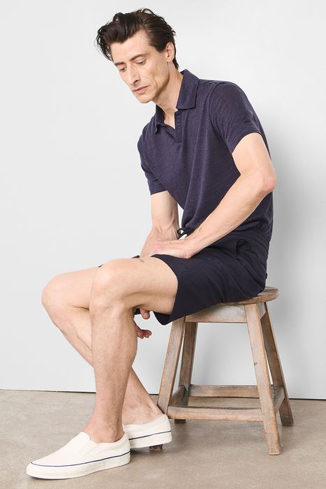 린넨 브이넥 폴로 501 네이비 반소매 티셔츠